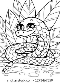 Childlike illustration of a little cute snake. Page for children coloring.