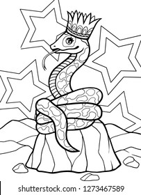 Childlike illustration of a little cute snake. Page for children coloring.