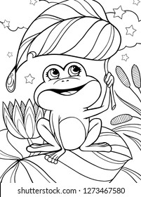 Childlike illustration of little frog with leaflet. Page for children coloring.