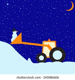 Childlike illustration of snowy winter evening with clear sky, stars and moon and little funny tractor with snowman in scoop