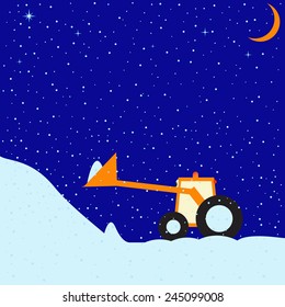 Childlike illustration of snowy winter evening with clear sky, stars and moon and little funny tractor with snowdrift in scoop