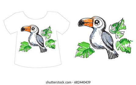 childlike illustration vector, Hand drawn toucan, design of fashion print on t-shirt.