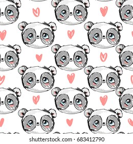 Vector de ilustración infantil. Patrón Panda dibujado a mano. Infantil sin mar.