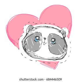 Childlike Illustration Vector. Hand Drawn Panda. Cute Panda Sketch, Print Design Panda, Children Print on T-Shirt.