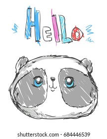 Childlike Illustration Vector. Hand Drawn Panda. Cute Panda Sketch, Print Design Panda, Children Print on T-Shirt.