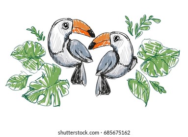 Childlike Illustration Vector, Hand Drawn Two Toucan Birds