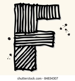 childlike ink alphabet, hand drawn letter F