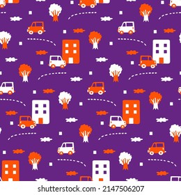 Childlike pattern with cartoon city, cars for boys. Seamless transport wallpaper for nursery wallpaper. Kids print with orange vehicles on purple background. Toy cars for children's textile, fabric.