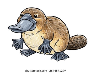Childlike Pencil Crayon Sketch of Platypus Isolated on White Background – Hand-Drawn Animal Art in Playful Style