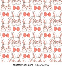 Childlike rabbit with red bow and glasses illustration. Pattern seamless
