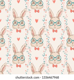 Childlike rabbit with red bow and glasses illustration. Pattern seamless