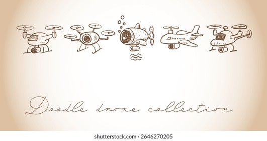 Kinderähnliche raue Vektordoodles von fliegenden Drohnen in beigen Farben. 