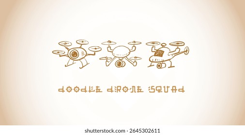 Vetor áspero infantil rabisca de três vários drones voadores em cores beges.