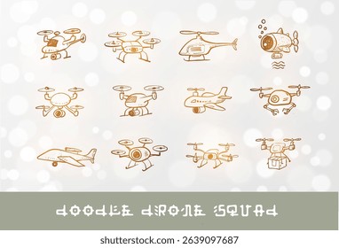 Childlike rough vector doodles of various drones. Delivery, underwater, quadcopter, helicopter, airplane, and spy drones on white shimmering background.