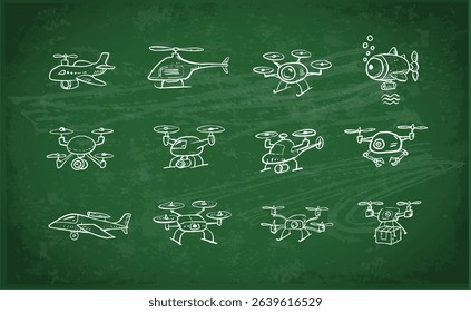 Childlike rough vector doodles of various drones. Delivery, underwater, quadcopter, helicopter, airplane, and spy drones on blackboard background.