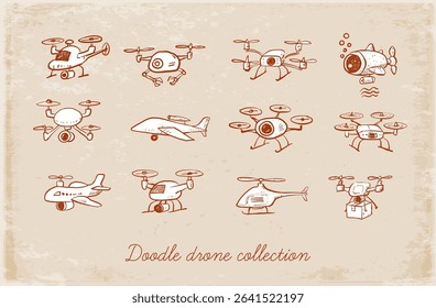 Childlike rough vector doodles of various drones. Delivery, underwater, quadcopter, helicopter, airplane, and spy drones on vintage background.
