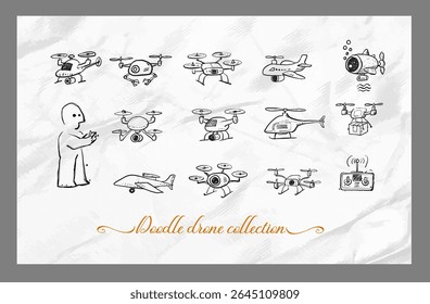 Childlike rough vector doodles of various drones. Delivery, underwater, quadcopter, helicopter, airplane, and spy drones on old paper background.