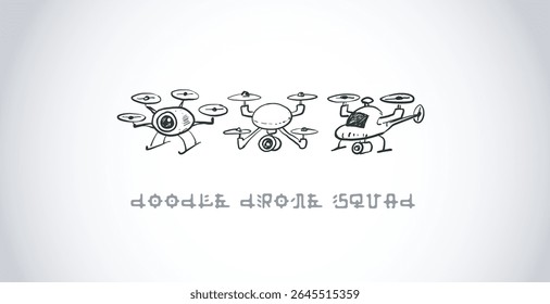 Childlike rough vector illustration with doodles of various drones.