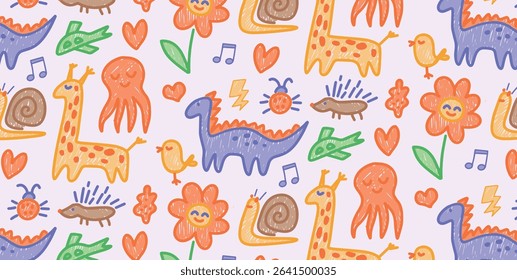 Childlike seamless pattern with giraffes and dinosaurs drawn in colored pencil style. Includes birds, flowers, snails and octopuses with playful sketchy texture. Vector illustration design.