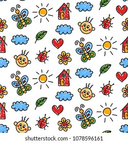 Childlike simple colorful cute drawigns seamless vector pattern with sun lady bug butterfly and funny face