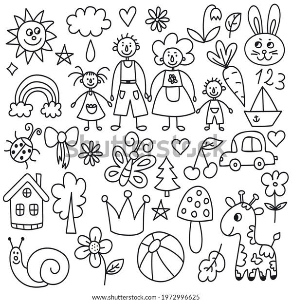 Childlike Simple Naive Drawings Icons Vector Stock Vector (Royalty Free ...