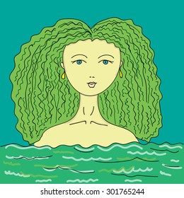 Childlike simplified colored image of mermaid with green hair staying in sea water isolated on turquoise background. Can be used as illustration for any kind of purpose.