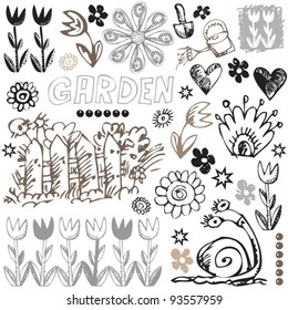 childlike sketchy icons, hand drawn design elements, funny doodle set
