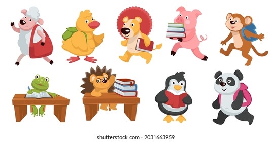 Childlike small animal characters walking with books reading for school. Sheep and monkey with panda walking with backpacks. Learning and studying duck and penguin, frog and hedgehog. Vector in flat