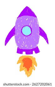Childlike space rocket with fire drawn with crayon or wax pencil texture