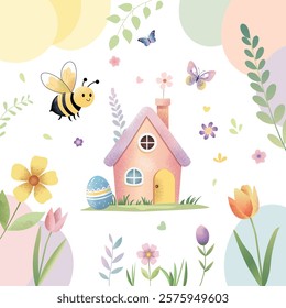 Childlike spring frame in pastel colors. Cute spring elements in watercolor style. Spring holidays, Easter. 