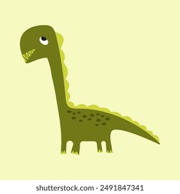 A child-like style green dinosaur with a long neck and small limbs on a pale yellow background. Ideal choice for children’s illustrations, educational content, or playful decorations.