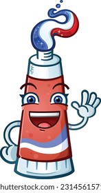 A childlike toothpaste cartoon character mascot with red white and blue gel shaped into a hairdo with a big smile waving to get your attention about dental health