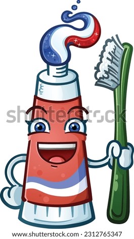 A childlike toothpaste cartoon character mascot with red white and blue gel shaped into a hairdo with a big smile and an oversized toothbrush for dental education