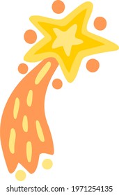 Нand-drawn childlike yellow star decorated with long, variegated tail. Funny comet with dots. Space clipart for creating baby background, design patterns and prints. Flat vector holiday illustration. 