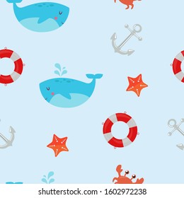 Childlish Sea Seamless Pattern Background or Wallpaper, Cartoon Style