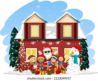 Childre celebrating Christmas with Santa Claus in front of a house illustration