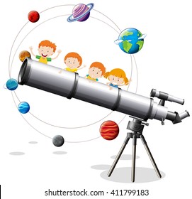 Childrean and giant telescope illustration