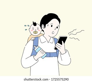 a child-rearing daddy illustration set. teat, baby, smartphone, carry. Vector drawing. Hand drawn style.
