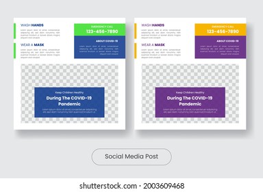 Childreen health during covid-19 socil media post banner template set. Vector illustration EPS 10