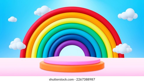 Children 3d background, rainbow, podium and white bubbles clouds. Modern kids empty banner. Marketing, advertising poster vector template