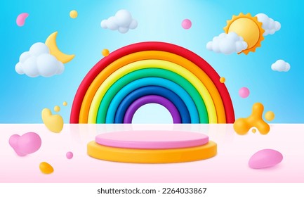 Children 3d rainbow background, baby sale showroom fashion banner. Podium and clouds, liquid abstract 3d shapes and balls, pithy vector realistic ad poster