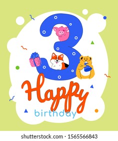 Children 3rd birthday greeting card vector template. Cute animals cartoon characters. Adorable fox, pig, hamster flat illustration with number three. Third b day celebration postcard layout