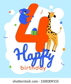 Children 4th birthday greeting card vector template