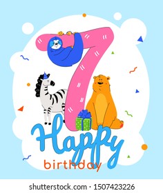 Children 7th birthday greeting card vector template