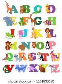 Children abc alphabet for babies, toddlers, preschoolers with funny animals pictures for each letter. Vector illustration