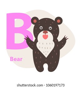 Children ABC with cute animal cartoon vector. English letter B with funny bear flat illustration isolated on white background. Zoo alphabet with mammal and caption for preschool education, kids books
