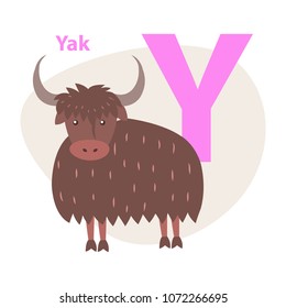 Children ABC with cute animal cartoon vector. English letter Y with funny Yak flat illustration isolated on white background. Zoo alphabet with mammal and caption for preschool education, kids books