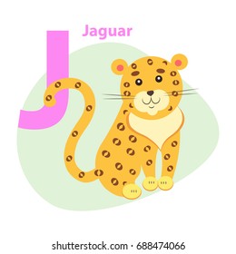 Children ABC with cute animal cartoon vector. English letter J with funny Jaguar flat illustration isolated on white background. Zoo alphabet with wild cat for preschool education, kids books