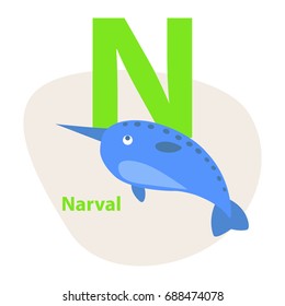Children ABC with cute animal cartoon vector. English letter N with funny narwhal flat illustration isolated on white background. Zoo alphabet with water mammal for preschool education, kids books