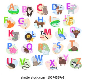 Children ABC with cute animals cartoon vector. English letters A to Z set with funny animals isolated flat illustrations. Zoo alphabet with mammal, bird, pet for preschool education, kids books